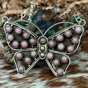 Pink opal butterfly statement southwestern sterling silver necklace